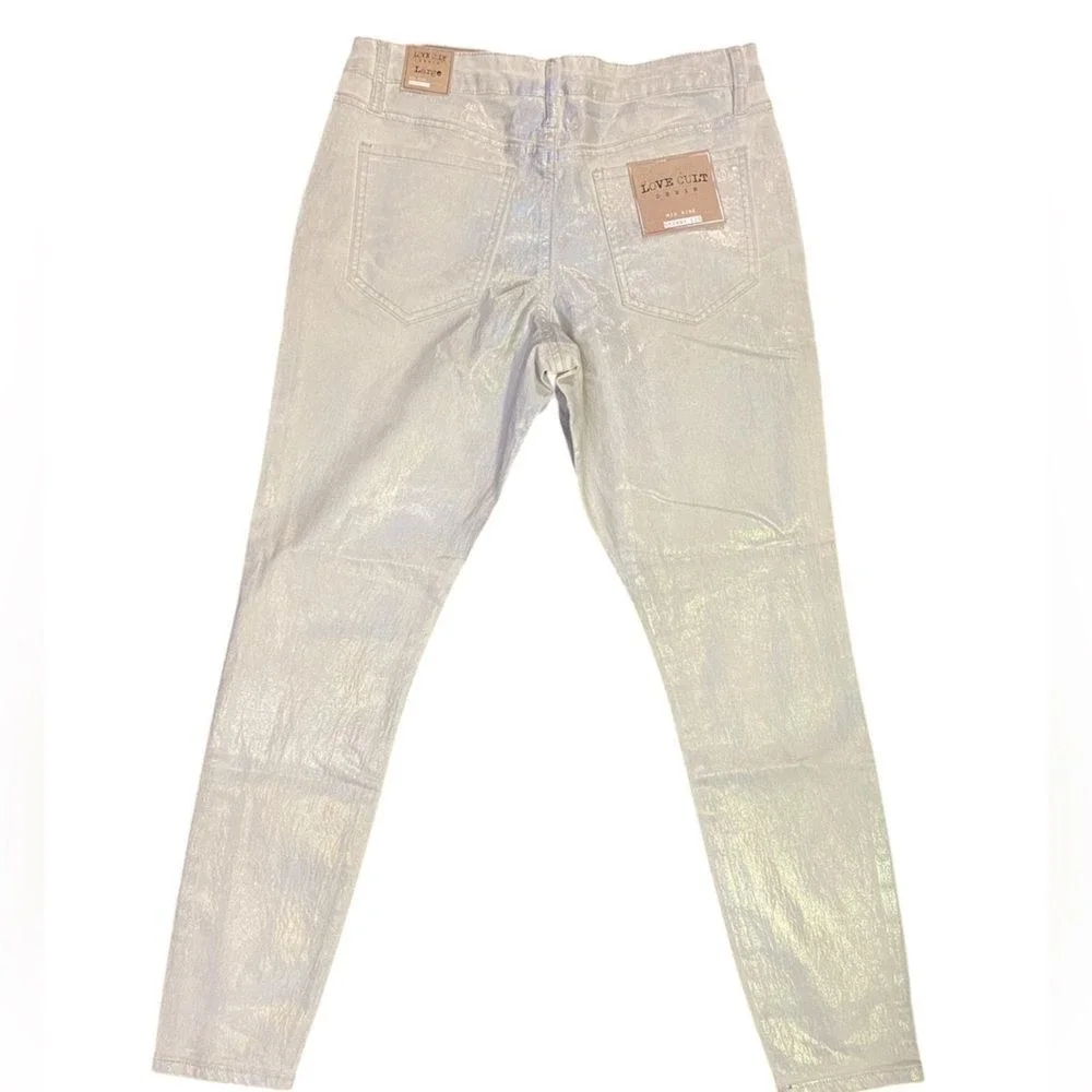 Love Cult‎ Denim Mid Rise Skinny Leg, Silver Foil Holographic Jeans Large NWT